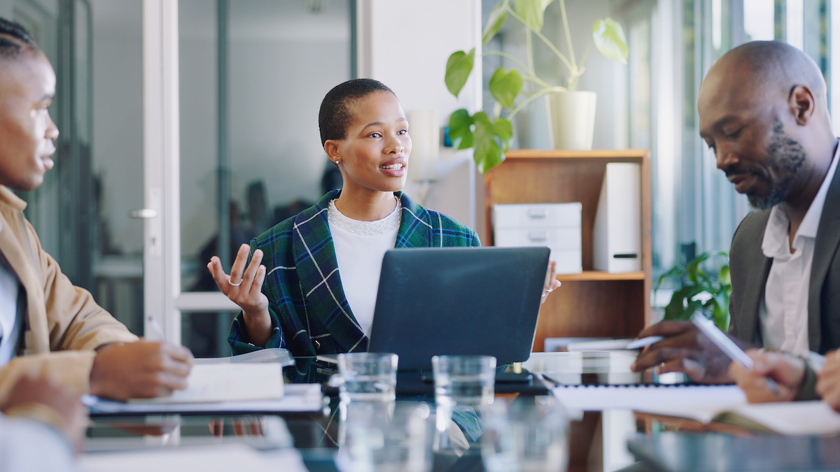 Pitch, group of business people with woman boss and happy feedback for project management workshop. Teamwork, meeting and team with ceo, online report and brainstorming together on work proposal